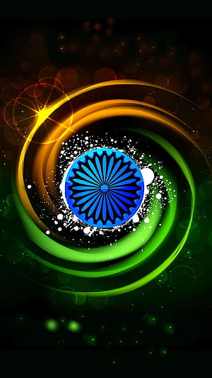 Vibrant India Flag Design with Ashoka Chakra and Glowing Tricolor Swirls HD phone wallpaper