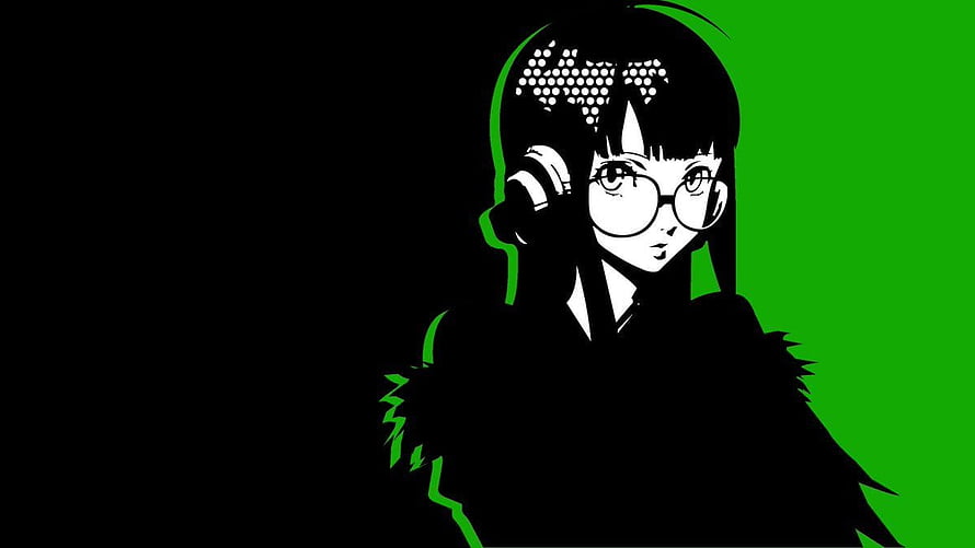 Futaba Sakura Anime Character Portrait in High Contrast Green and Black Style HD wallpaper