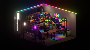 Razer RGB Gaming Room Setup with Neon LED Lighting and Dual Monitor Workstation HD wallpaper