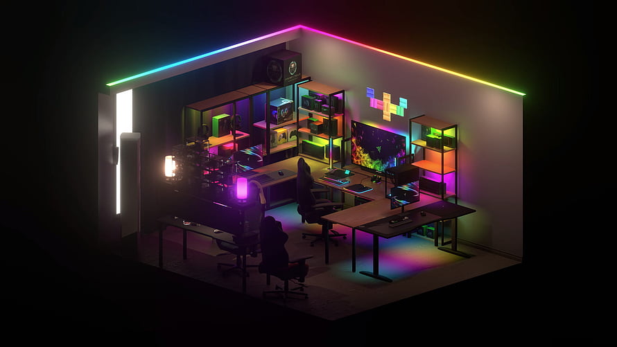 Razer RGB Gaming Room Setup with Neon LED Lighting and Dual Monitor Workstation HD wallpaper