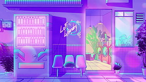 Neon Lofi Laundry Shop Interior with Vending Machine and Sleeping Cat HD wallpaper