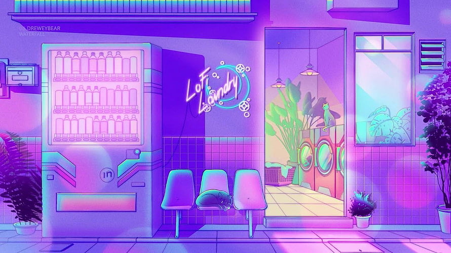 Neon Lofi Laundry Shop Interior with Vending Machine and Sleeping Cat HD wallpaper