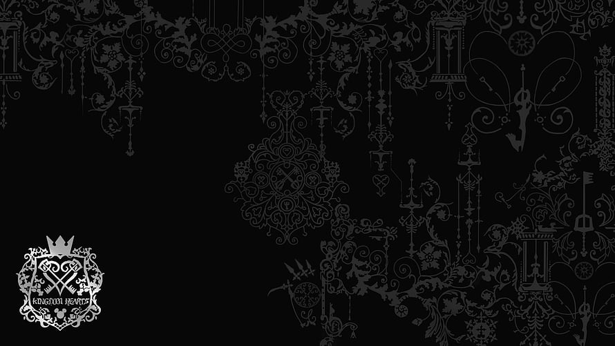 Kingdom Hearts Ornate Black Background with Vintage Floral and Emblem Design HD wallpaper