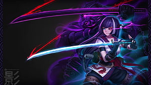 Anime Warrior Girl Wielding Dual Glowing Swords with Dark Demon Spirit HD wallpaper