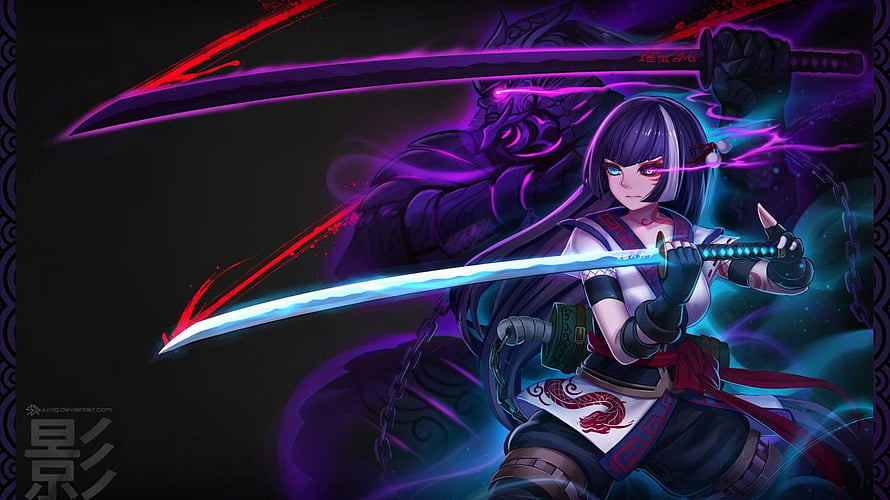 Anime Warrior Girl Wielding Dual Glowing Swords with Dark Demon Spirit HD wallpaper