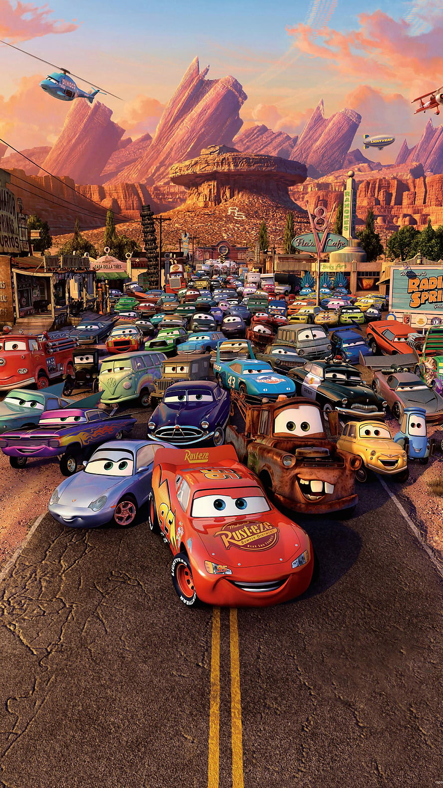 Cars 3 Animated Movie Poster Featuring Lightning McQueen and Rust-eze in Radiator Springs HD phone wallpaper