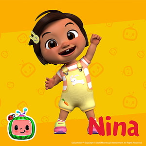 Nina from CoComelon in yellow overalls with a bright yellow background HD phone wallpaper