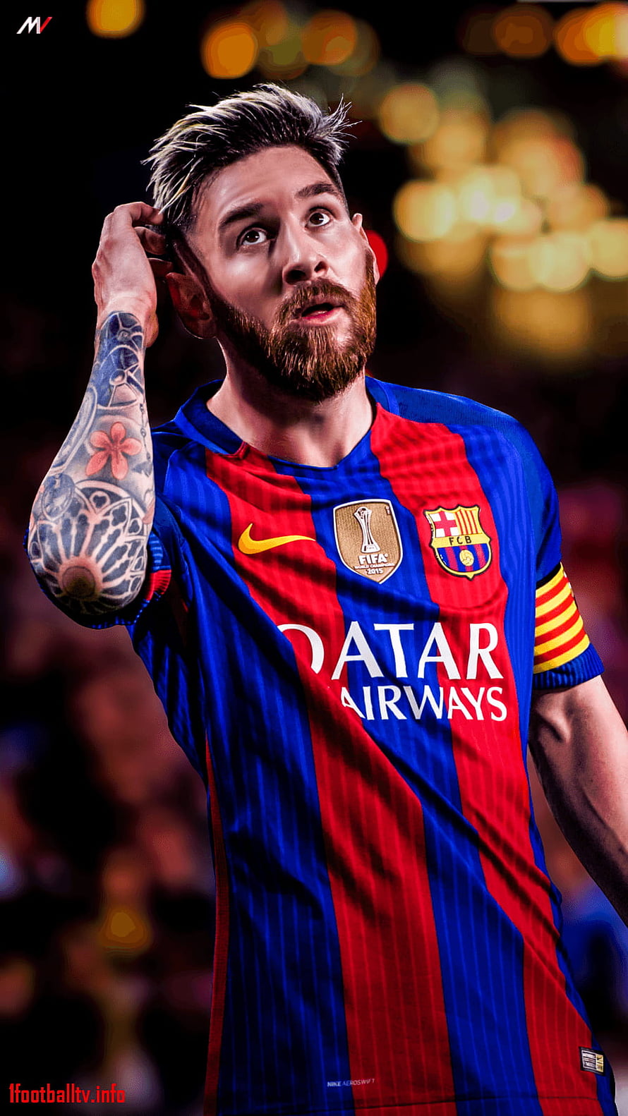 Lionel Messi in Barcelona Home Kit with Tattoos and Captain's Armband HD phone wallpaper