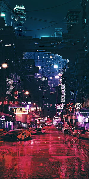 Neon-lit cyberpunk city street at night with futuristic cars and glowing signs HD phone wallpaper