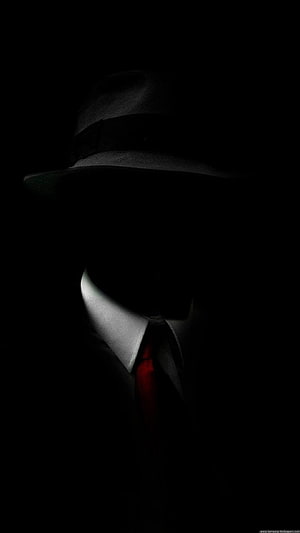 Mysterious Silhouette in Fedora and Red Tie Against Black Background HD phone wallpaper