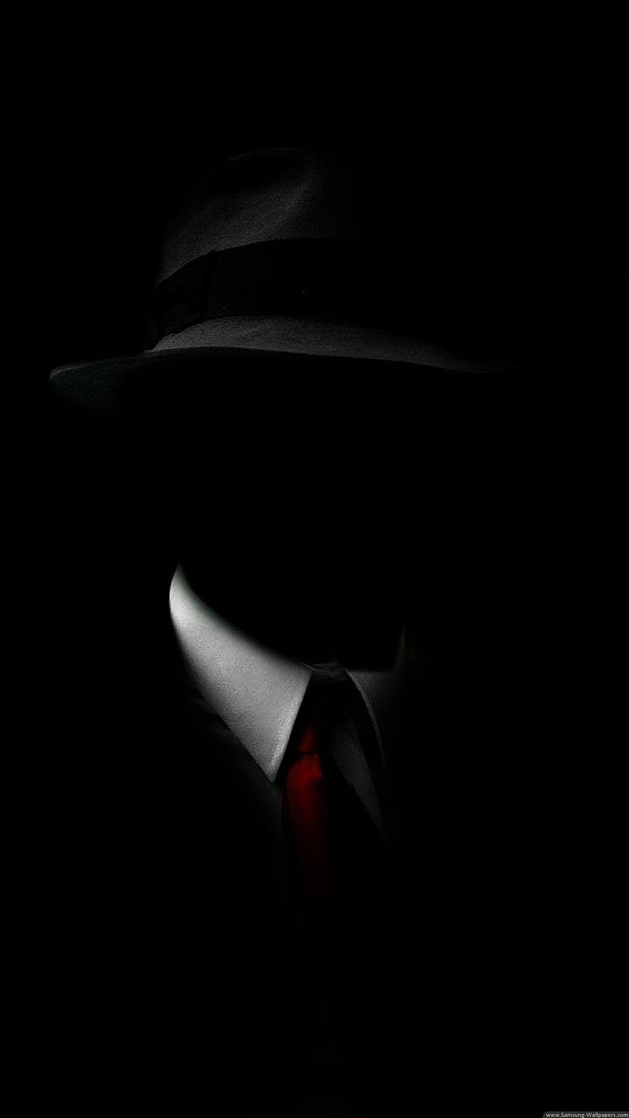 Mysterious Silhouette in Fedora and Red Tie Against Black Background HD phone wallpaper
