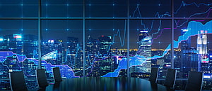 Modern Conference Room with Financial Charts Over Night City Skyline HD wallpaper