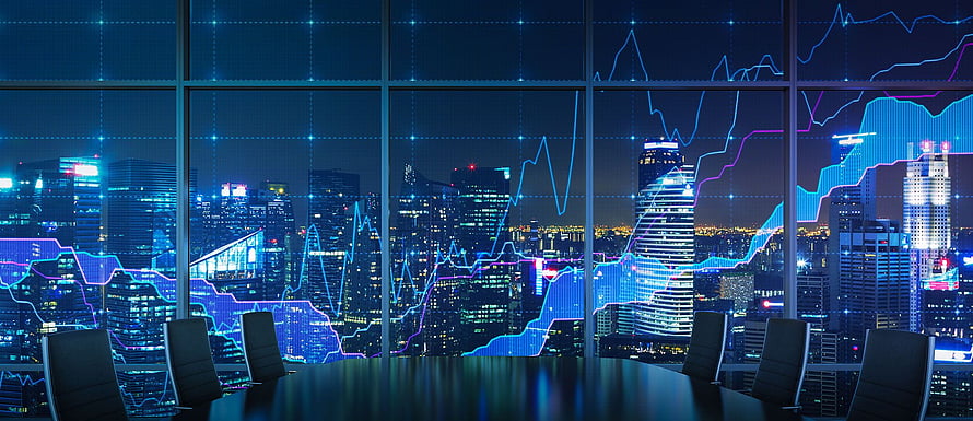 Modern Conference Room with Financial Charts Over Night City Skyline HD wallpaper