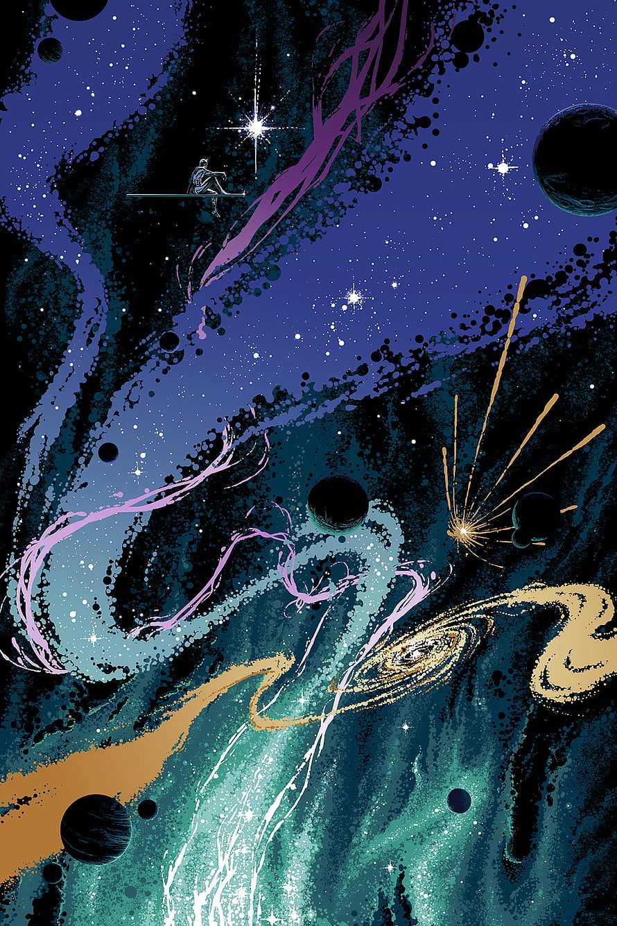 Silver Surfer Resting Amidst Cosmic Nebulae and Distant Planets HD phone wallpaper