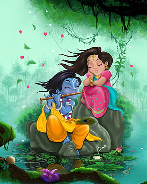 Radha Krishna Playing Flute in a Lush Forest Setting HD phone wallpaper