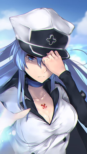 Esdeath from Akame ga Kill in Military Uniform with White Cap and Blue Hair HD phone wallpaper