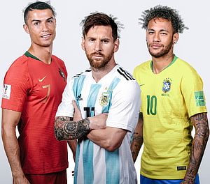 Cristiano Ronaldo, Lionel Messi, and Neymar in National Team Kits HD wallpaper