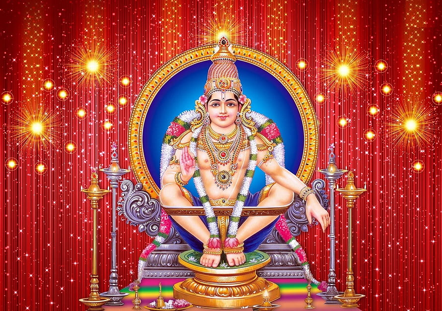 Lord Ayyappa Seated on Golden Throne with Diya Lamps and Sparkling Red Background HD wallpaper