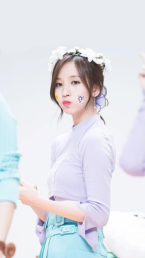 Mina from Twice in a lavender top and mint skirt with a white flower crown HD phone wallpaper