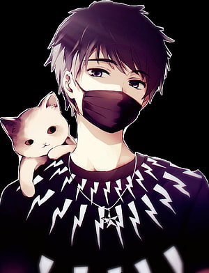 Anime Boy Wearing Black Face Mask With White Kitten On Shoulder HD phone wallpaper