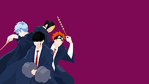 Mashle Anime Characters in Dark Robes with Weapons on Purple Background HD wallpaper