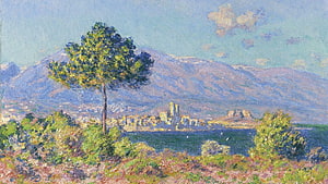 Claude Monet Impressionist Landscape Painting of a Coastal Town and Distant Mountains HD wallpaper