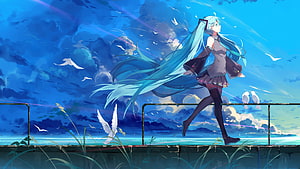 Hatsune Miku Running Along a Coastal Promenade with Seagulls and a Dramatic Blue Sky HD wallpaper