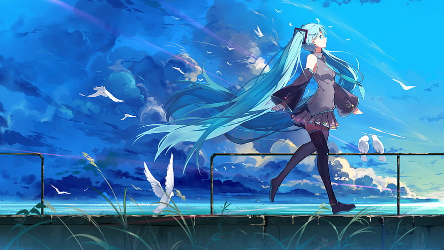 Hatsune Miku Running Along a Coastal Promenade with Seagulls and a Dramatic Blue Sky HD wallpaper