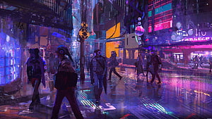 Neon-Lit Cyberpunk Street Scene with Pedestrians in Rainy Night City HD wallpaper