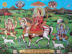 Shri Devnarayan Bhagwan on White Horse in Traditional Indian Pichwai Painting HD wallpaper