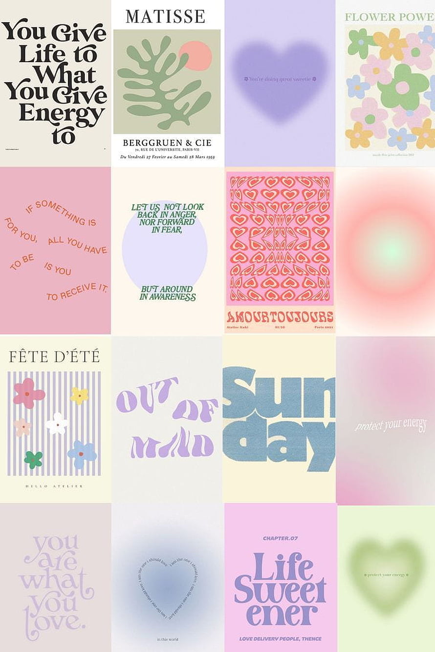 Pastel Aesthetic Collage Grid Featuring Typography, Flowers, and Soft Color Blocks HD phone wallpaper