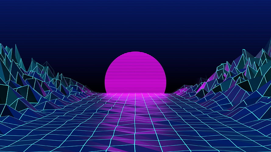 Retro Synthwave Landscape with Neon Grid and Glowing Pink Sun HD wallpaper