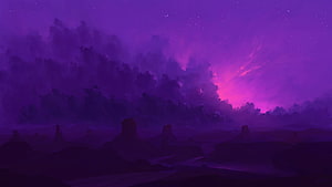 Mystical Purple Desert Landscape with Dramatic Clouds and Starry Night Sky HD wallpaper
