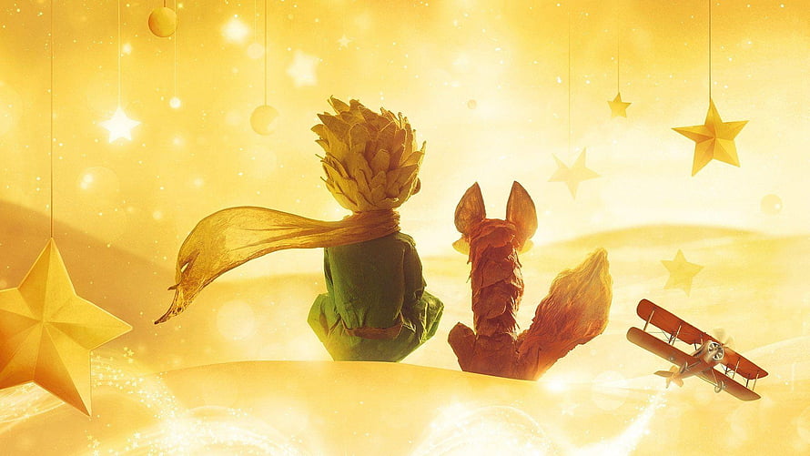 The Little Prince and the Fox Sitting on a Golden Planet with Stars and a Biplane HD wallpaper
