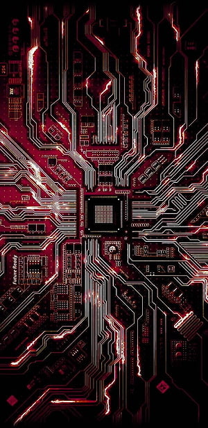 Glowing Red Circuit Board with Central Processor and Tracing Data Lines HD phone wallpaper