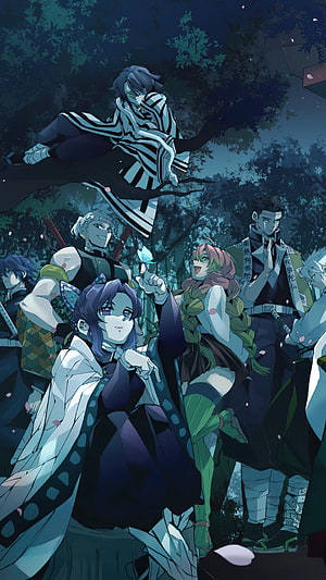 Demon Slayer Hashira Group Portrait in Moonlit Forest with Cherry Blossoms HD phone wallpaper