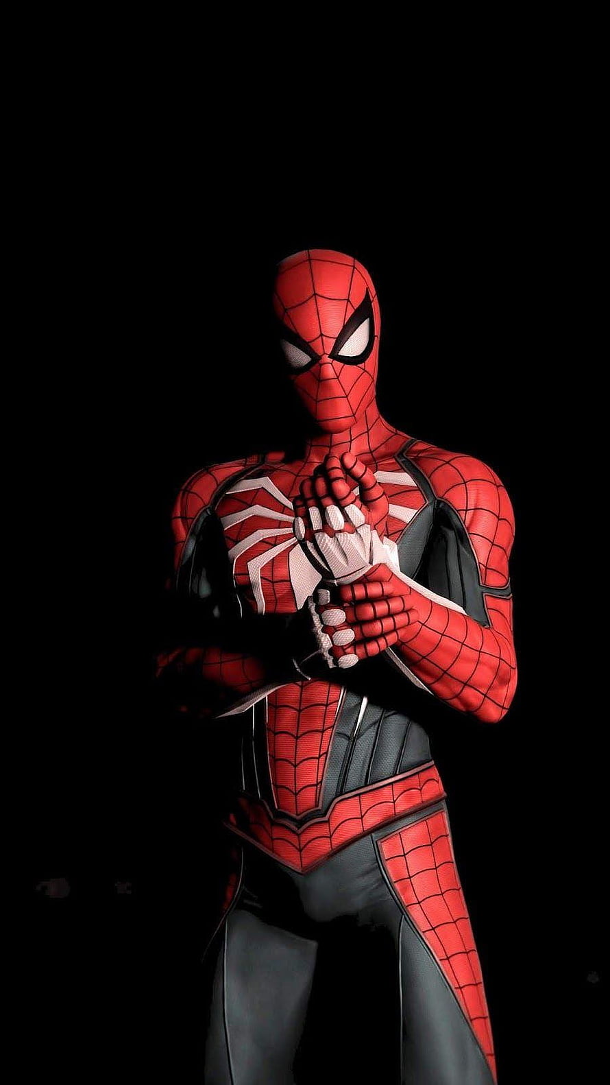 Spider-Man in Advanced Suit with Hands Clasped Against Black Background HD phone wallpaper