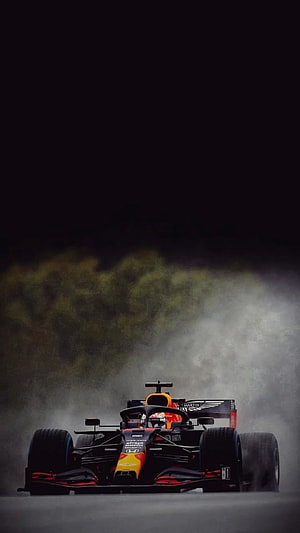 Max Verstappen Red Bull Racing Formula 1 car kicking up spray on a wet track HD phone wallpaper
