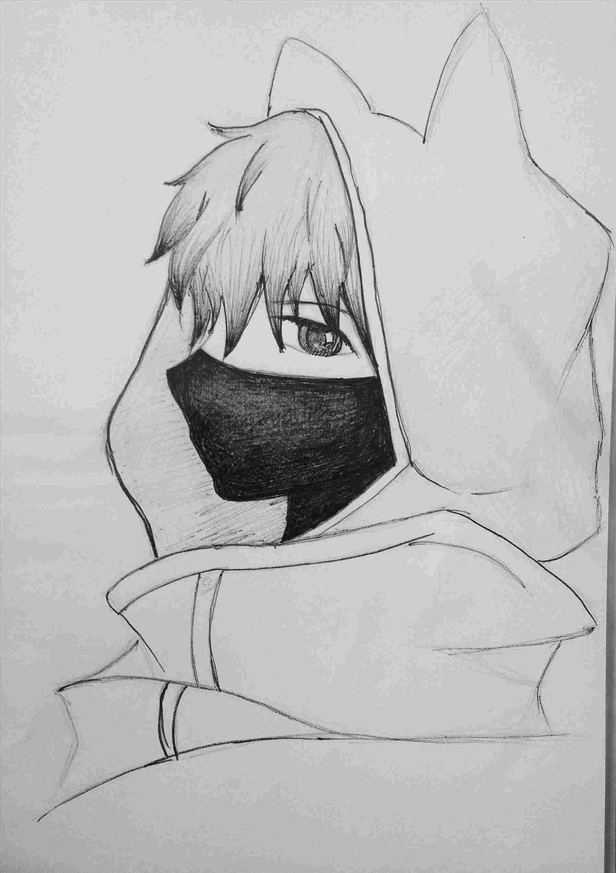 Anime Boy in Hooded Jacket with Mask and Cat Ears Pencil Sketch HD phone wallpaper