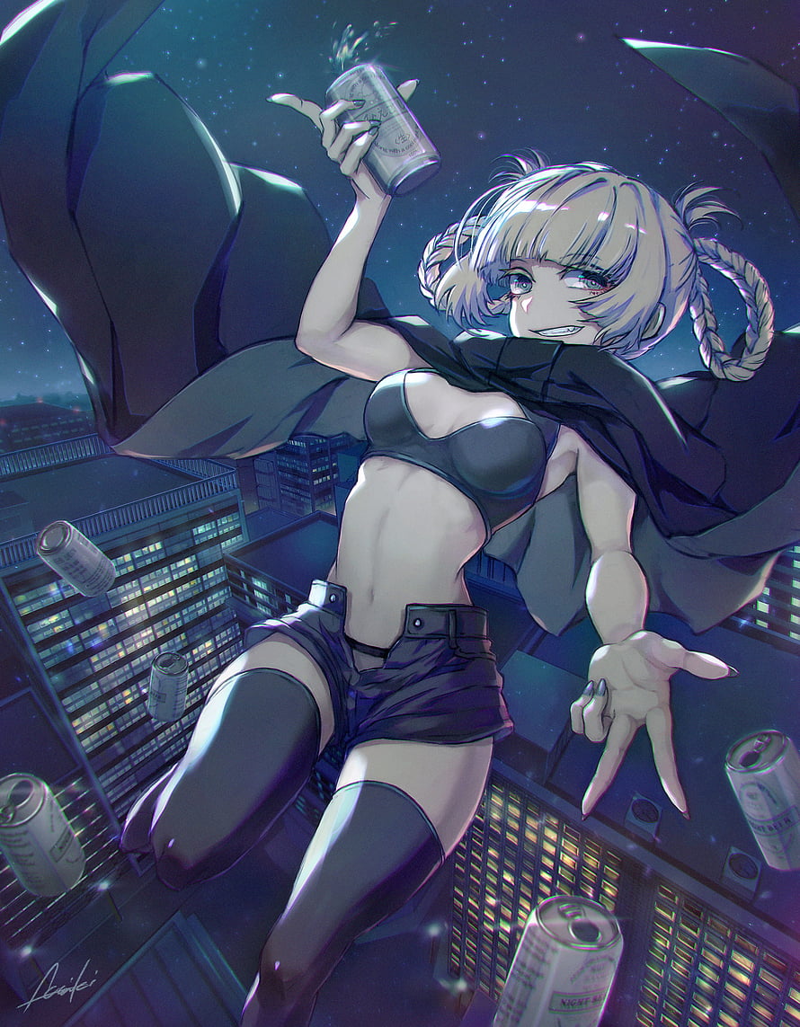 Yofukashi no Uta Anime Character on Rooftop at Night with Floating Cans HD phone wallpaper