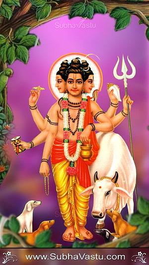 Dattatreya Hindu Deity with White Bull and Dogs in Traditional Illustration HD phone wallpaper