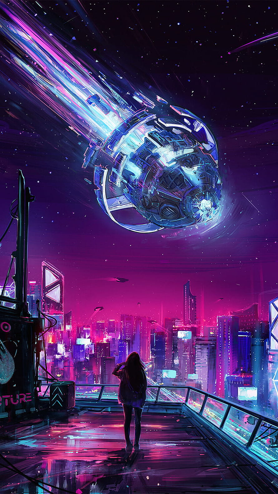 Cyberpunk Cityscape with Floating Orbital Station and Neon Skyline HD phone wallpaper