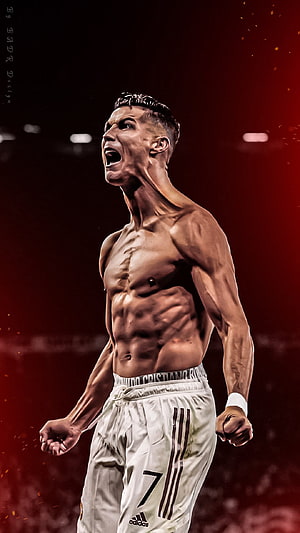 Cristiano Ronaldo Shirtless Celebration Portrait with Dramatic Red Stadium Lighting HD phone wallpaper