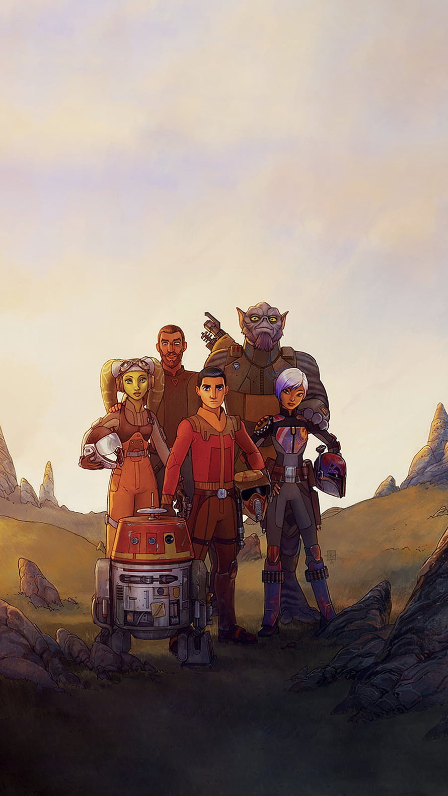 Star Wars Rebels Crew Standing on Rocky Alien Landscape with Droid HD phone wallpaper