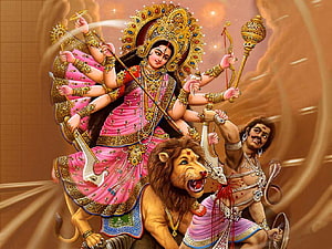 Maha Durga riding a lion and slaying the demon Mahishasura in a vibrant digital illustration HD wallpaper