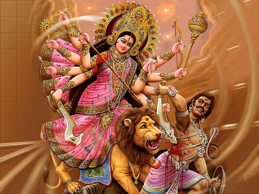 Maha Durga riding a lion and slaying the demon Mahishasura in a vibrant digital illustration HD wallpaper