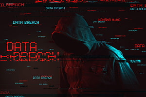 Hacker in Hoodie with Glitchy Data Breach Text and Cybersecurity Theme HD wallpaper