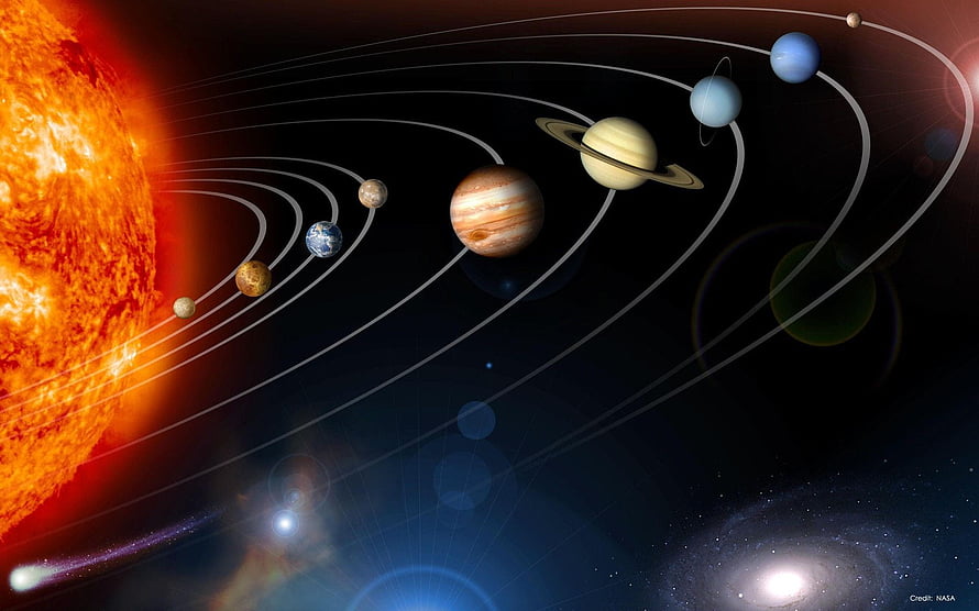 Solar System Planets Orbiting the Sun in Deep Space with Galaxies and Nebulae HD wallpaper