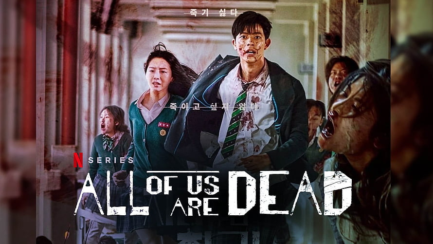 All Of Us Are Dead Netflix Series Poster Featuring Students and Zombies in a School Hallway HD wallpaper