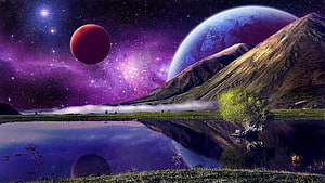 Alien Landscape with Twin Planets, Nebula Sky, and Reflective Mountain Lake HD wallpaper
